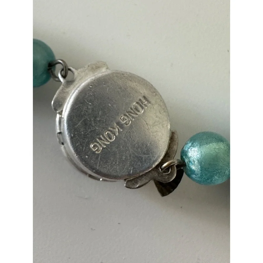 VTG Sugar Caged Beaded‎ Necklace Aqua Blue Horseshoe Pendant Crystals Hong Kong